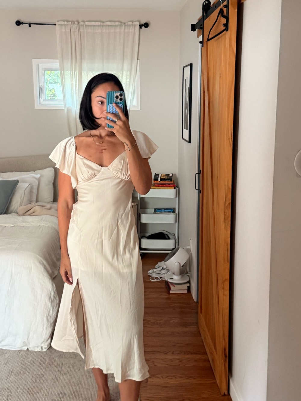 Rumored Cream Midi Slip Dress with Flutter Cap Sleeves